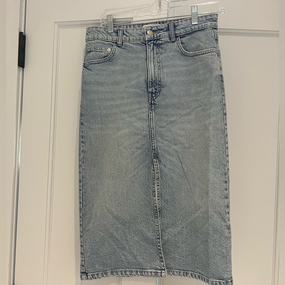 Zara Light Blue Denim Midi Skirt